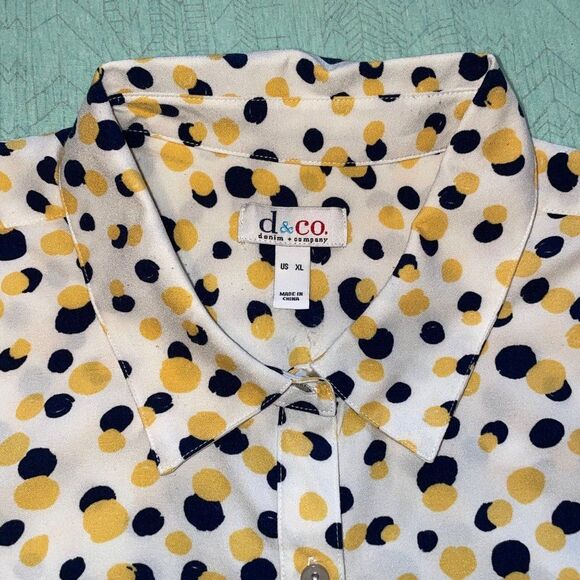 Denim & Co. Stretch Crepe Printed Dot Point Collar Shirt Navy/Yellow XL - Picture 8 of 14